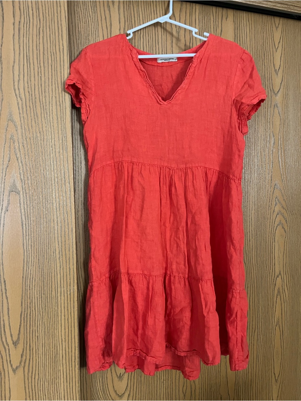Francesca Bettini Coastal Red Linen Tiered Dress V-Neck Babydoll Lagenlook S